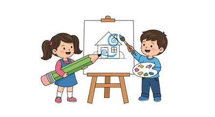 Two happy children, a girl with a big pencil and a boy painting on an easel, creatively drawing and painting a house with swirls.