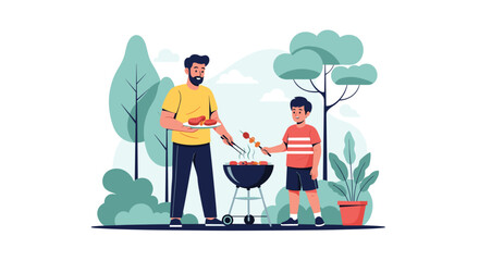 Father and son happily grill meat and skewers outdoors, enjoying a fun barbecue together in a park setting.