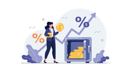 Businesswoman managing her finances and investments, securing savings in a safe while benefiting from financial growth and interest rates.