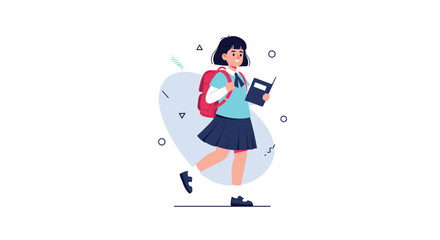 A cheerful young student in school uniform with a backpack and book, walking confidently and ready for a day of learning.