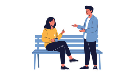 A woman sitting on a park bench enjoys a warm drink while a man stands nearby, engaging her in a friendly conversation.