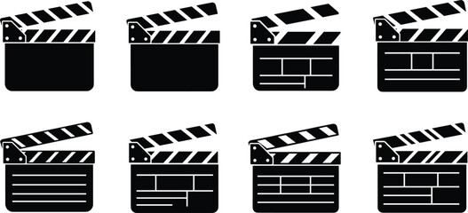 PrintCollection of black and white film clapperboard icons featuring various slate designs for movie production, filmmaking, and cinema projects.