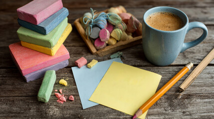 Colorful chalks, sticky notes, and a cup of coffee on a wooden table. The scene is organized and inviting, perfect for creative work or study.