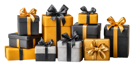 A collection of gift boxes in black, gold, and silver colors. The boxes are stacked with various sizes and tied with ribbons, suitable for promotional events.