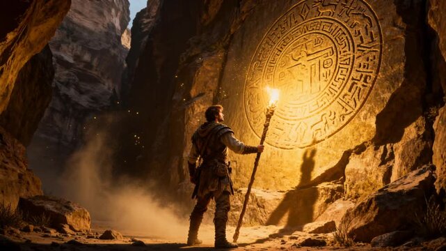 cinematic male scout glowing staff underworld glyphs canyon walls fantasy adventure