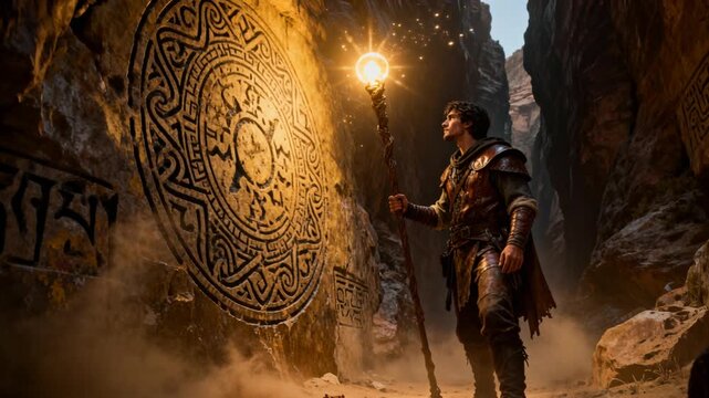 cinematic male scout glowing staff underworld glyphs canyon walls fantasy adventure