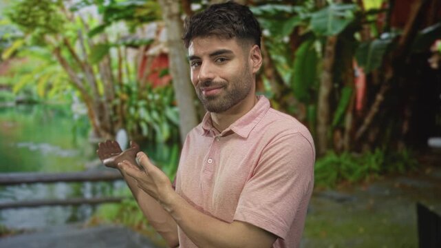 Young hispanic man standing in lush forest presenting open palms toward camera; generosity openness trust calm.