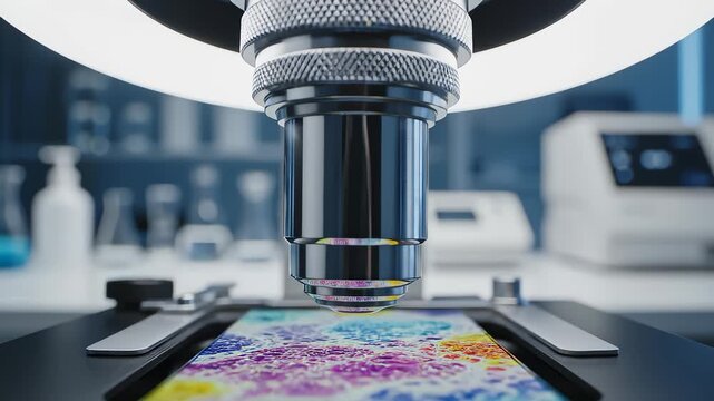 Microscope Close Up Examines Colorful Sample in Laboratory Setting