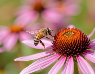 Fototapeta premium Bee Vibrant Pink Flower Natural Light