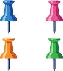 Colorful push pin set featuring blue, pink, orange, and green thumbtacks for office notes, bulletin boards, and reminders.