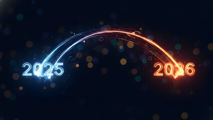 Dynamic light trails arc between 2025 and 2026, symbolizing a radiant journey into the future and the exciting transition of the New Year
