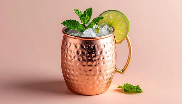 Refreshing Moscow Mule Cocktail in Copper Mug with Lime and Mint.