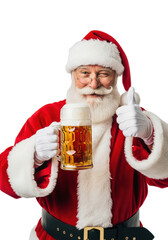 Jolly elderly caucasian santa claus in plush red suit and white gloves winks, holding a foamy beer stein and giving a thumbs-up on a transparent background. Concept for holiday beverage advertising