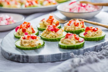 Healthy party snack with cucumber and tuna spread, garnished with radish