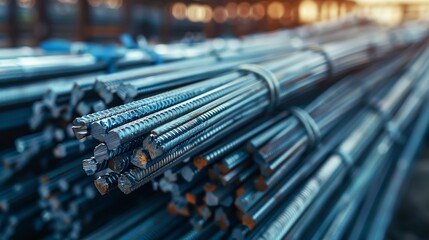 Stacked steel rods in an industrial warehouse.