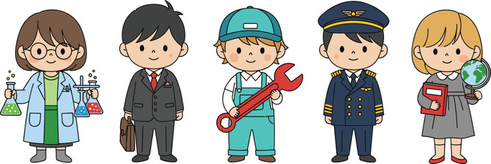 Cute children dressed as different professionals including scientist, businessman, mechanic, pilot and teacher, representing various future career aspirations.