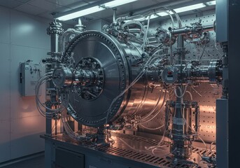 Complex instrumentation within a sterile laboratory setting designed for advanced atomic and subatomic particle physics research and analysis ,detailed ,complex ,monitor