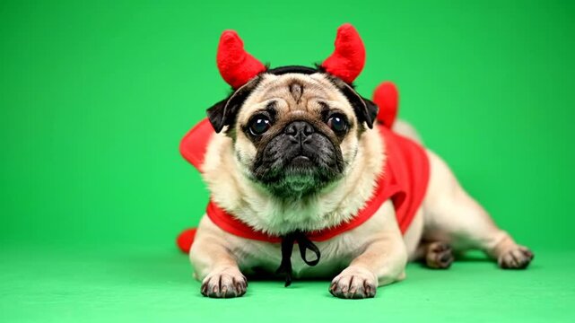 Cute pug dog dressed in a devil costume, wearing red horns and tail, lying on green background
