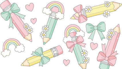 Cute pastel pencil illustrations decorated with bows, daisies, rainbows, and hearts for adorable stationery, school supplies, and kawaii designs.