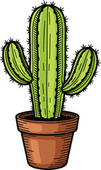 Hand-drawn potted cactus illustration with textured details, desert plant design, and decorative succulent artwork for botanical vector projects.Print