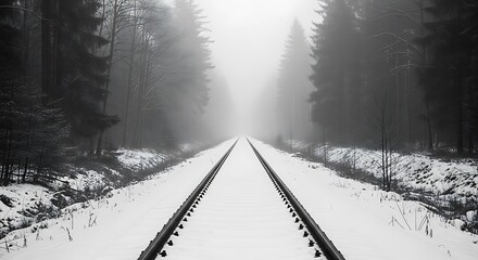 A solitary railway track disappears into a dense, foggy winter forest, creating a sense of mystery and journey.