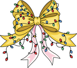 Festive golden ribbon bow decorated with colorful Christmas lights and pink tails in a bright holiday vector illustration.