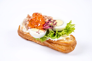 Savory eclair tartine with egg and caviar
