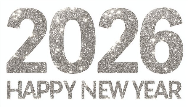 2026, silver text, minimalistic design with glitter and sparkles on a white background, text "happy new year". 