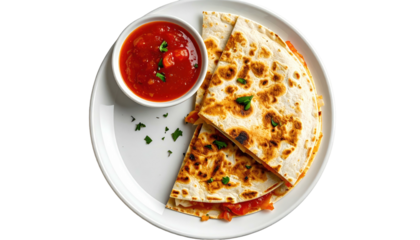 Quesadilla triangles served with bowl of red sauce