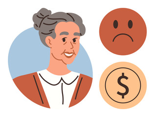 Elderly woman with gray hair in a bun, sad face icon, and dollar sign icon highlighting financial concerns. Ideal for retirement, money issues, aging, emotions, budgeting, elderly care concern