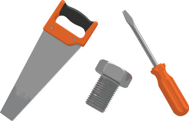 Set of construction tools including handsaw, screwdriver, and metal bolt, perfect for repair, DIY projects, woodworking, and hardware illustrations.