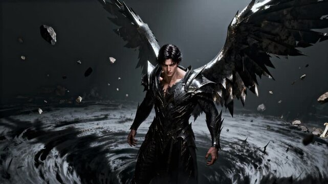 cinematic male dark angel emerging shadow vortex metallic wings jagged debris fantasy