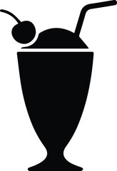 Minimalist black milkshake glass with straw and cherry silhouette vector icon