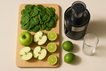 Juicing Ingredients: Spinach, Green Apples, and Limes Ready for a Healthy Drink