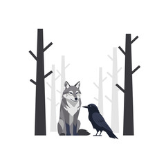 Fototapeta premium Wolf and raven sitting quietly in a winter forest scene 