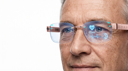 Senior man wearing smart AR glasses with health data reflection on white background