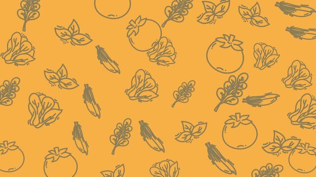 Agricultural pattern with fresh vegetables on an orange background. Perfect for farm, food, agriculture, healthy lifestyle, and environmental design projects.