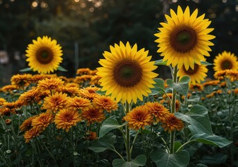 Fototapeta premium Golden blooms of sunflowers and hardy chrysanthemums thrive together in a sunny garden patch, symbolizing autumn harvest and late summer beauty ,yellow ,latesummer ,foliage
