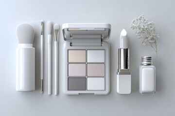 Set of Decorative Cosmetics on white background, top view. Makeup products, eyeshadow palette, lipstick, brushes. Beauty and Make-up. Colour trend of 2026. Cloud Dancer Color Pantone 11-4201, concept