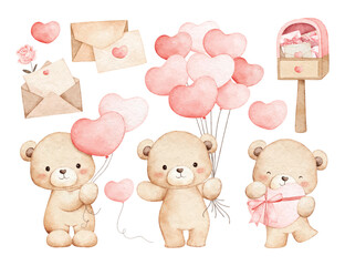 Watercolor Illustration Set of Teddy Bears and Valentine Elements
