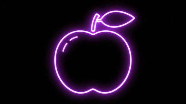 Neon apple silhouette glowing bright purple on a black background, a vibrant and modern visual design