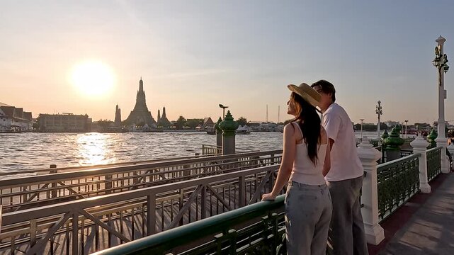 Romantic Couple Enjoying Riverside Sunset at Historic Temple Pier