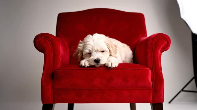 adorable fluffy puppy resting comfortably in a plush red armchair relaxing and napping indoors