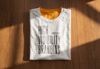 Template Mockup Folded T-Shirt Branding Presentation on Wooden Background