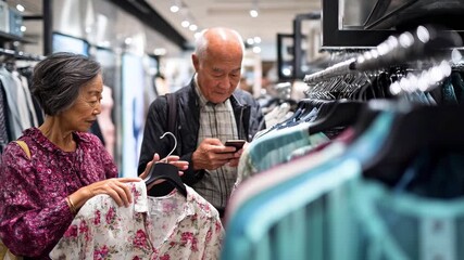 Senior Asian couple shopping together. Woman browsing clothes rack, man using phone. Enjoying retail therapy, quality time. Mature adults, lifestyle. Comfortable retirement, modern shopping.
