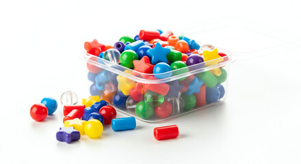 Colorful Plastic Game Pieces in Clear Container