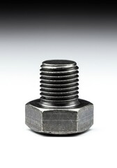 A heavy duty industrial metallic fastener, specifically a hexagonal headed bolt, presented in sharp focus against a pure, clean white studio background ,hexagon ,industry ,studio shot