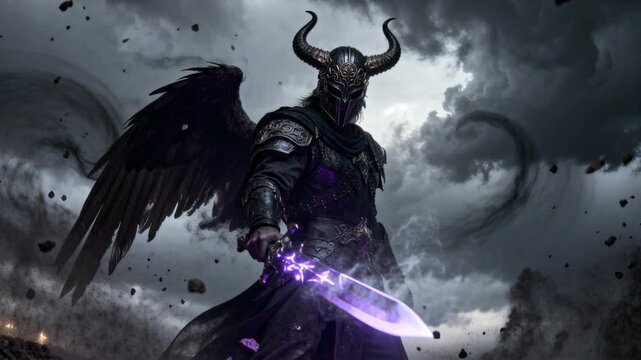 cinematic dark angel horned helmet shadow blade ash storm circling fantasy epic