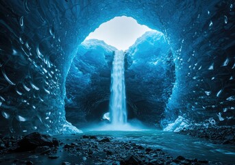 A powerful cascade of vibrant blue meltwater plunges from a massive glacial ice cave into a rocky canyon below, showcasing cold nature ,scenic ,landscape ,outdoor