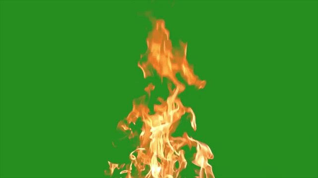 Vibrant orange flame flares up against a green screen background, showing dynamic and natural fire motion for compositing
